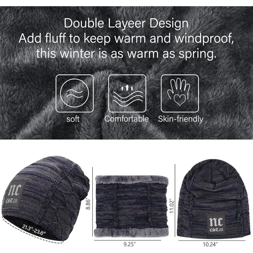 Men's Blue Winter Warm Knit Thick Fleece Lined Skull Beanie Hat Scarf Set